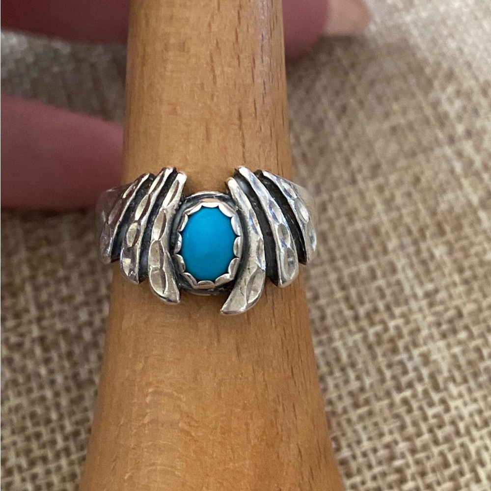 Vintage Sterling Silver Turquoise Solitaire Modernist Stack WM Wheeler - SZ 5.75